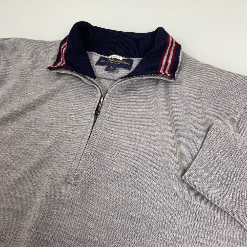 Brooks Brothers Mens L Gray Merino Wool Quarter Zip Sweater Italian Yarn Preppy